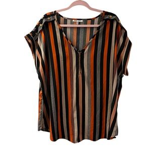 Speed Limit MPH  Striped Zip Front Short Sleeve Blouse Orange Taupe Black
